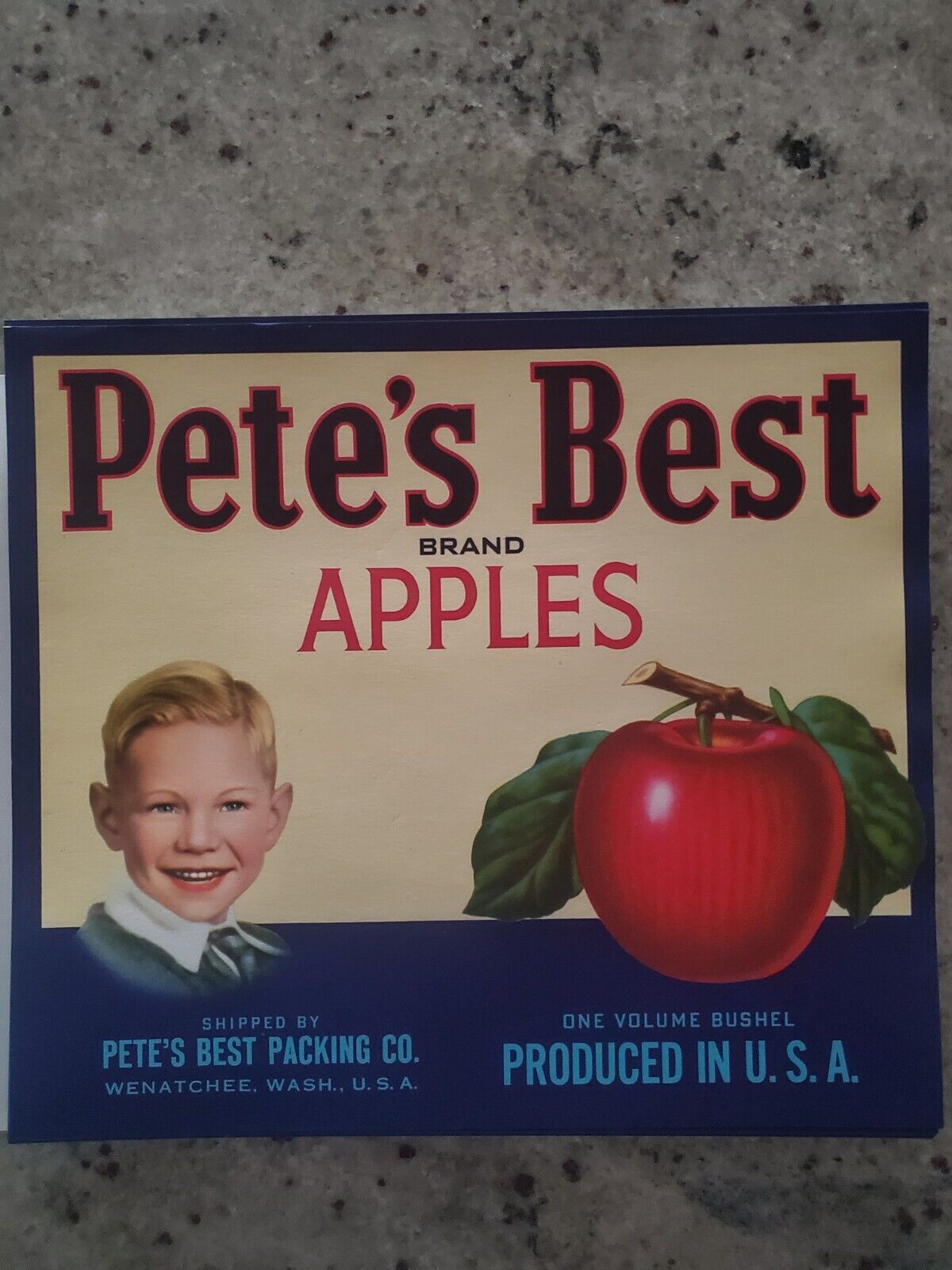 ORIGINAL PETE\'S BEST APPLE WOOD CRATE LABEL Pete\'s Best Packing Co Wenatchee WA