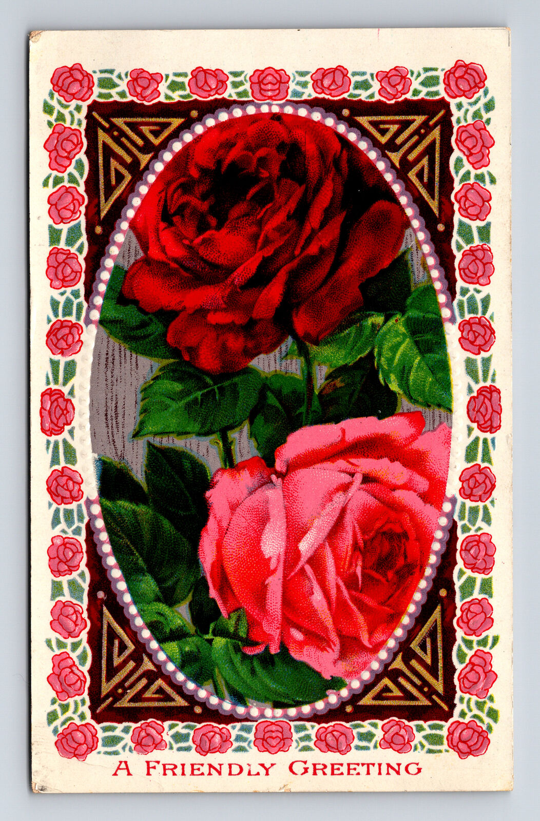 1914 Art Deco Rose Border Cameo Friendly Greeting Gel BAMFORTH 7079 Postcard