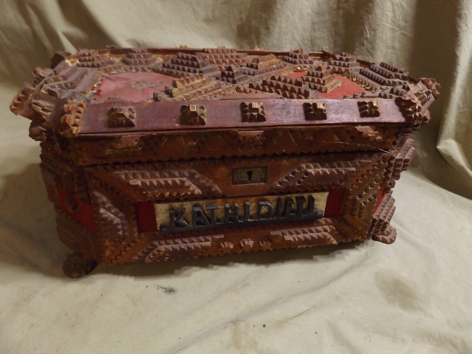 Antique Tramp Art Folk Art Handmade Jewelry Box w Losses Woman\'s Name needs work