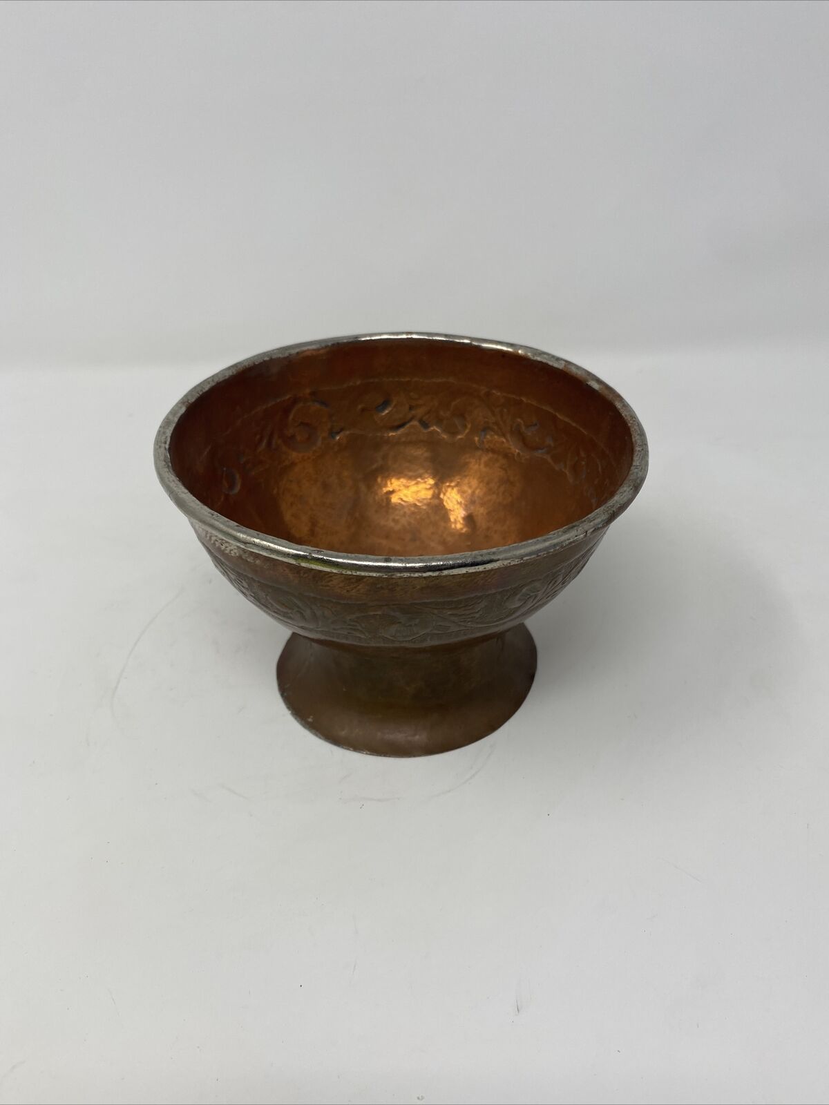 Antique Vintage Copper Bowl Cup Pedestal Dish Hammered Tooled Ornate