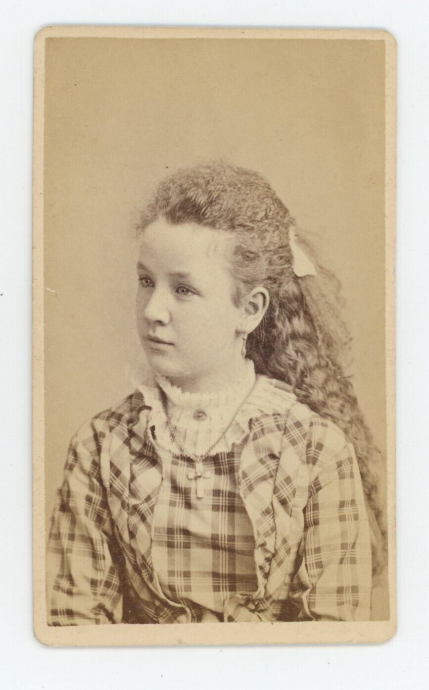 Antique CDV Circa 1870s Beautiful Young Girl With Long Curly Hair In Dress