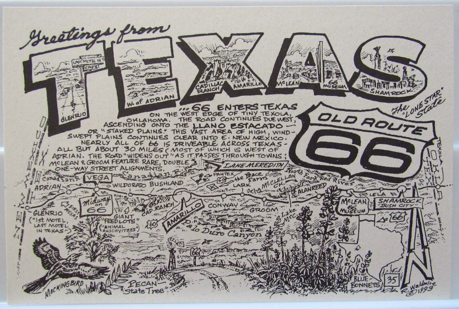 Old Route 66  R. Waldmire postcard #35.  Greetings from Texas