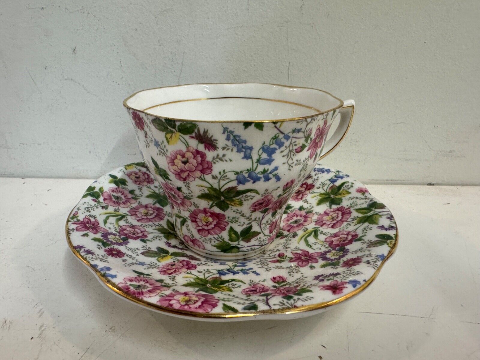 Vintage Rosina English Bone China Cup & Saucer with Pink Floral Decoration