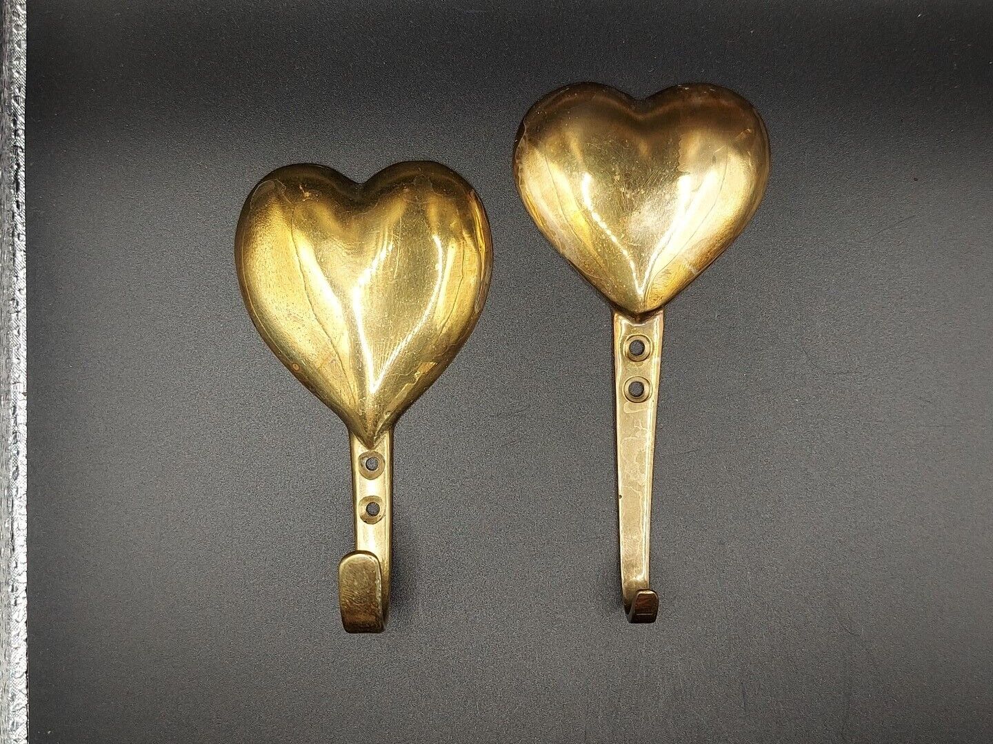 Vintage Pair Of Mismatched Brass Heartshaped Hooks