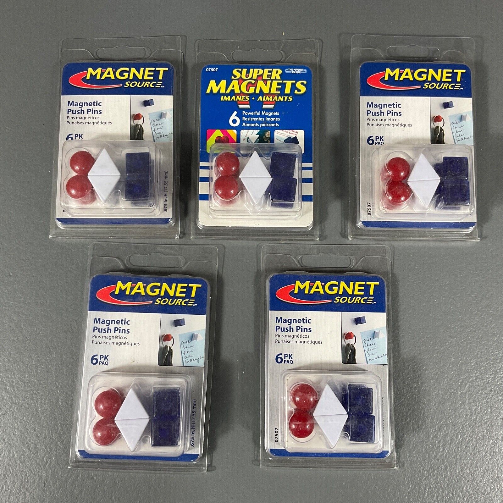 Magnetic Push Pins 6 Pk Strong Durable Assorted Colors .675 in H 07507 Lot of 6