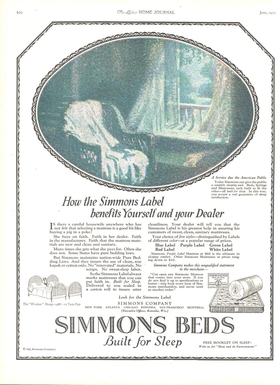 1922  Simmons Beds Antique Print Ad Built For Sleep Mattresses