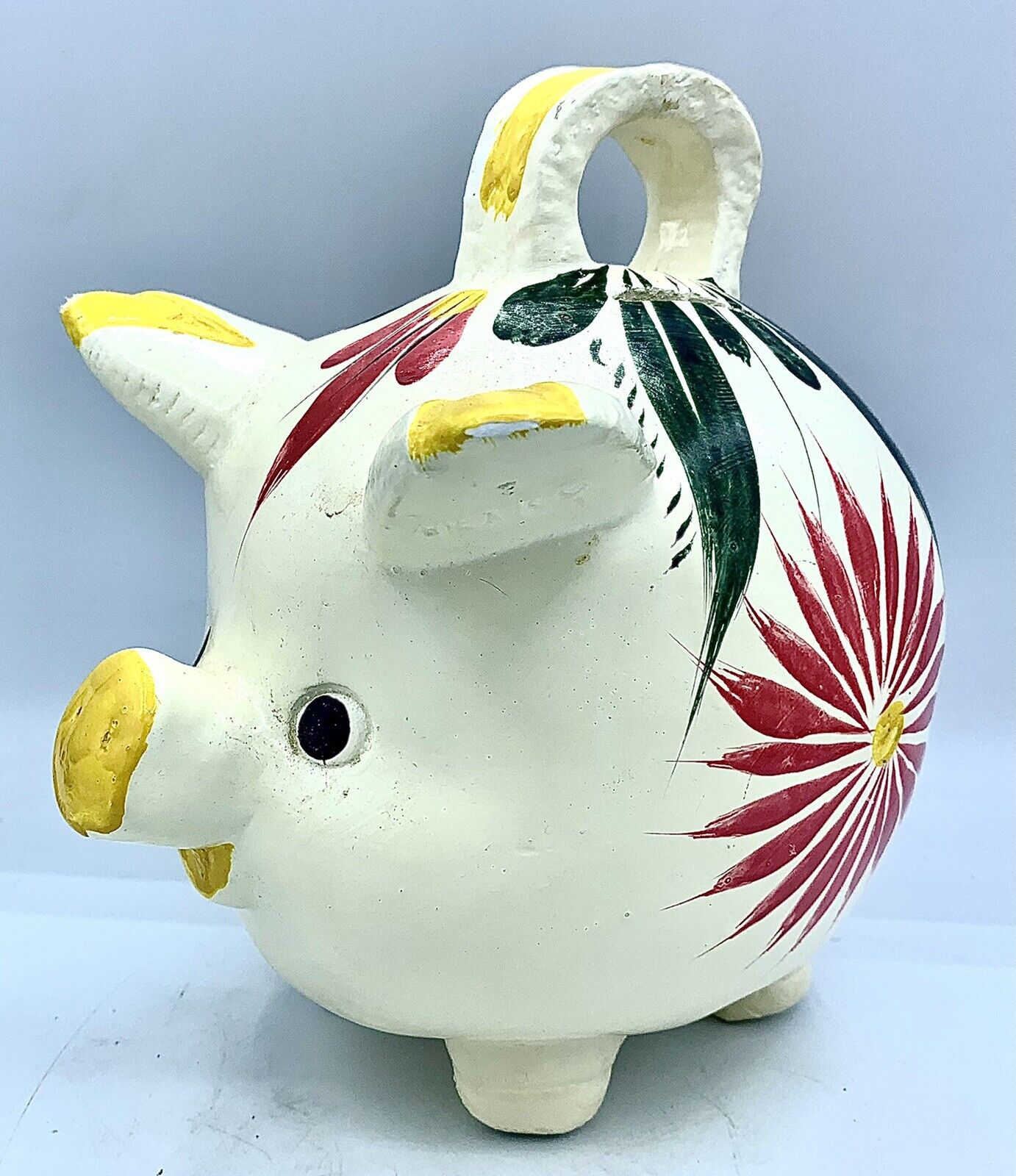 Vintage Retro Chalkware/Plaster Hand Painted Floral Piggy Bank From Mexico