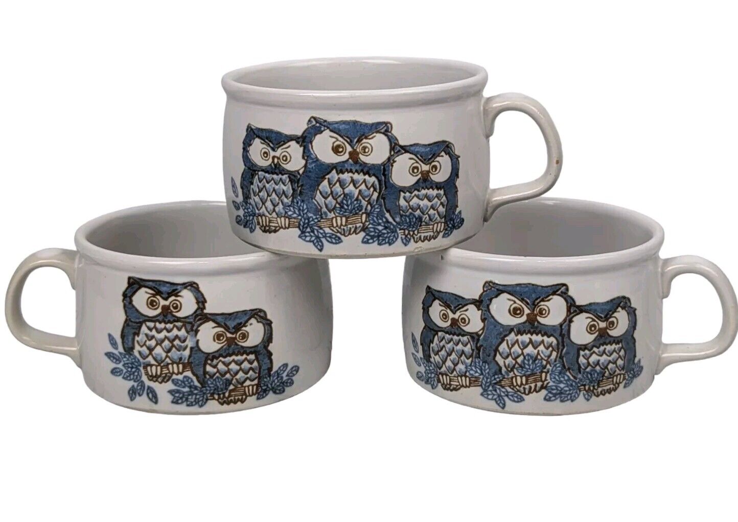 Lot Of 3 Vintage Otagiri Handcrafted Owl Stoneware Mugs Japan Soup Coffee 