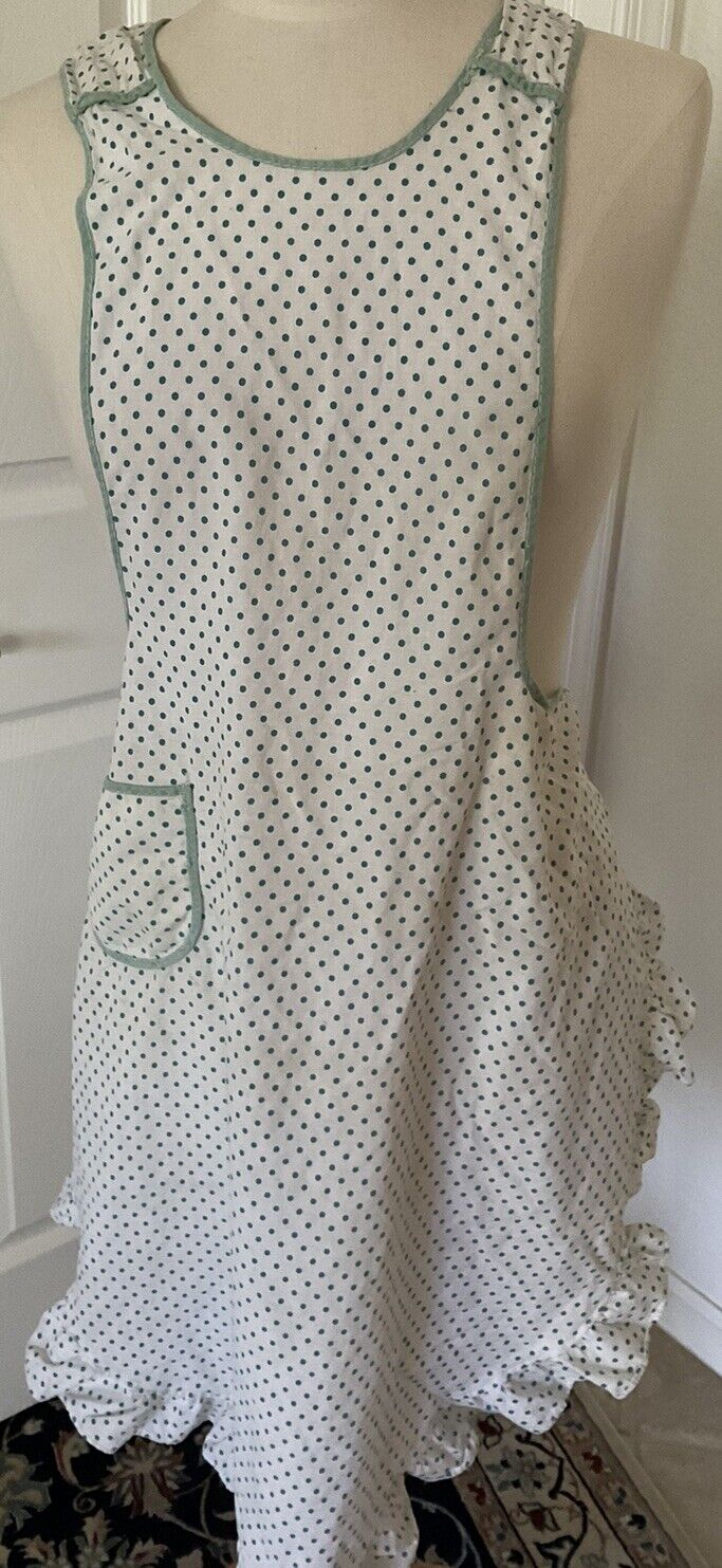 Vintage White With Green Polka Dot Ruffled Hem Tie In Back And Snap One Size**