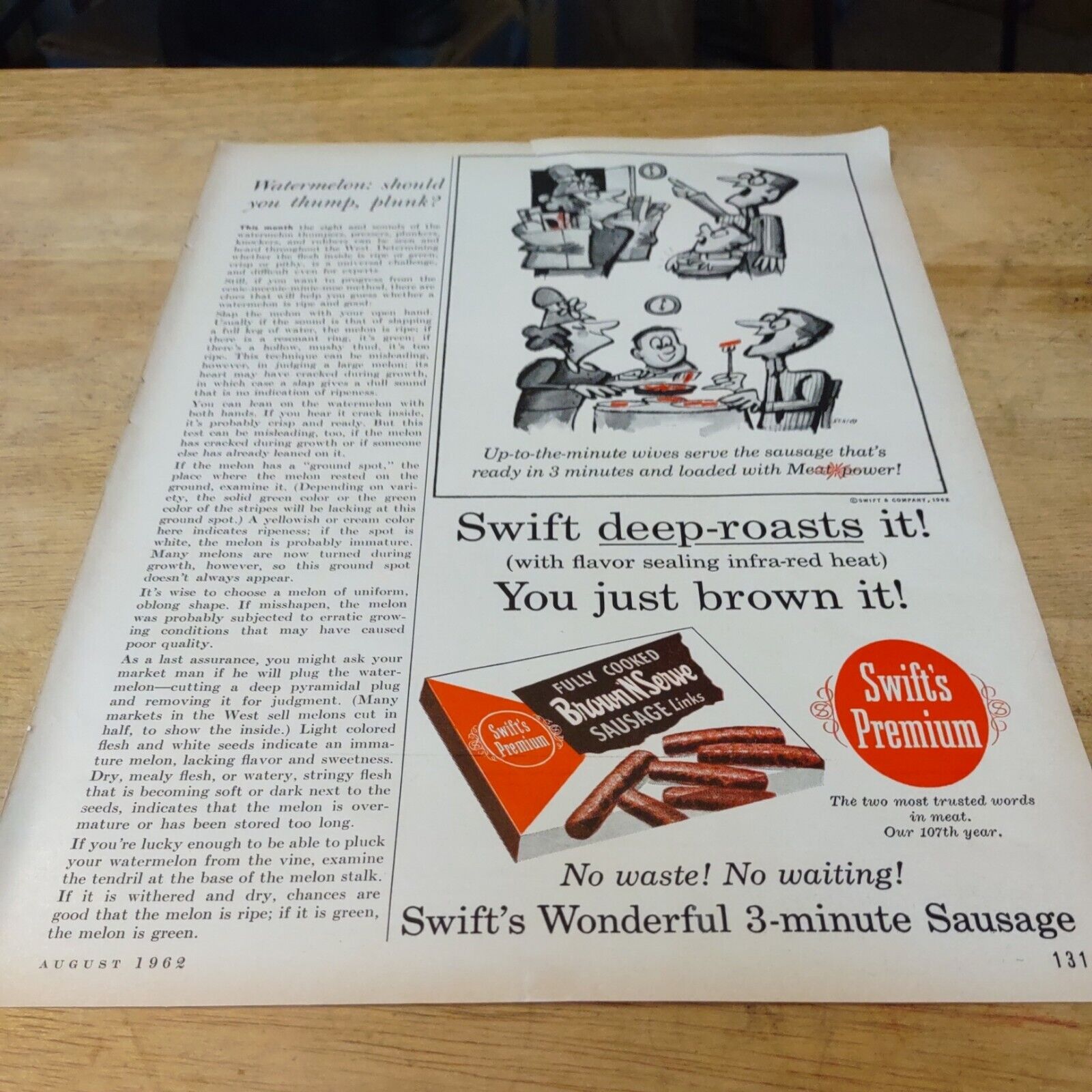 1962 BrownNSERVE Swift\'s Wonderful 3-munute Sausage Magazine Ad
