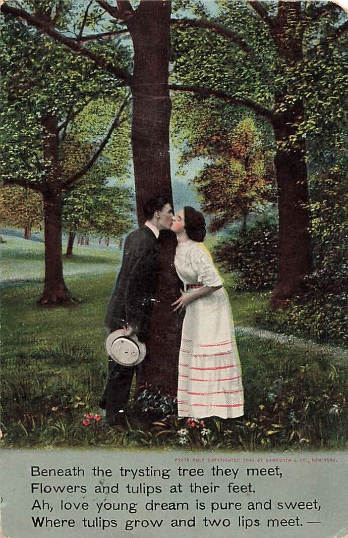 Postcard Romance Couple Kissing Beneath the Trysting Tree Poem Bamforth 1908 DB