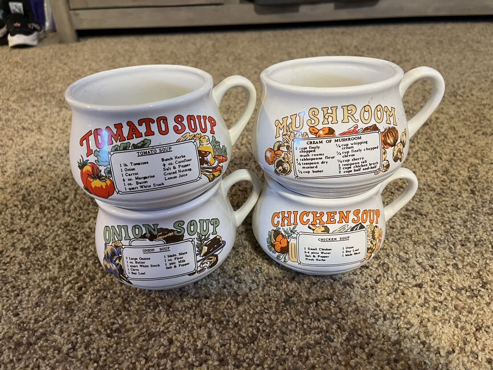 Set of 4 Soup Recipe Handled Mugs Soup Bowls Chicken Tomato Potato Vegetable