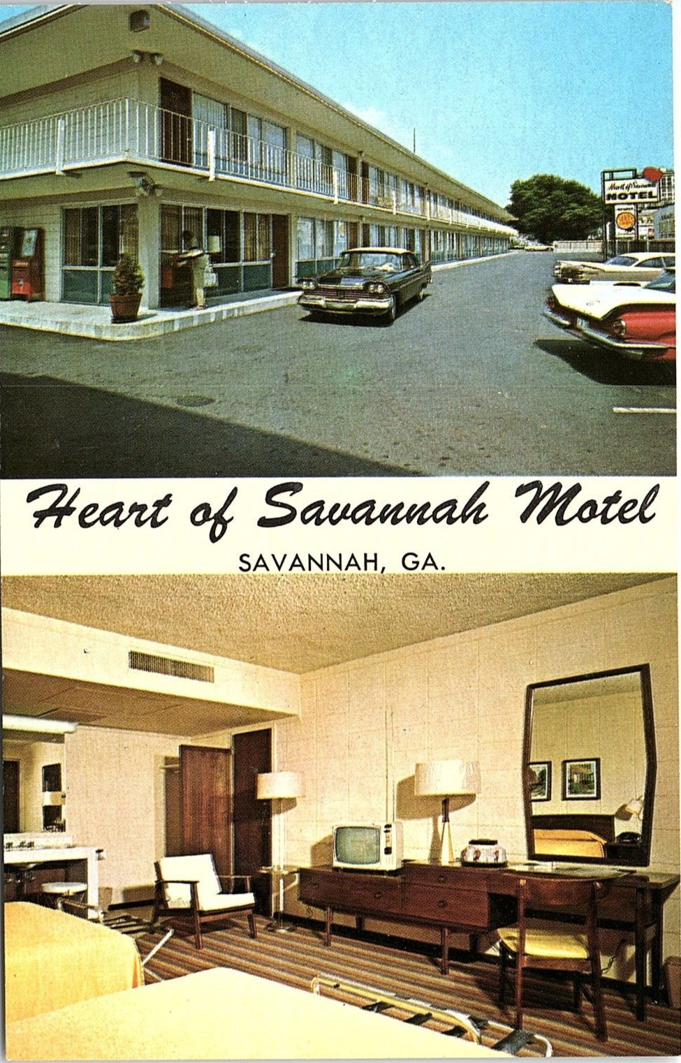 1950s SAVANNAH GA HEART OF SAVANNAH MOTEL MID-CENTURY MOD ROOM POSTCARD P1164