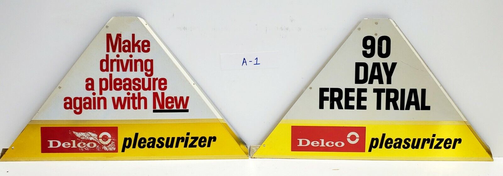 2x Vintage Delco Pleasurizer Single Sided Metal Advertising Signs Shock absorber