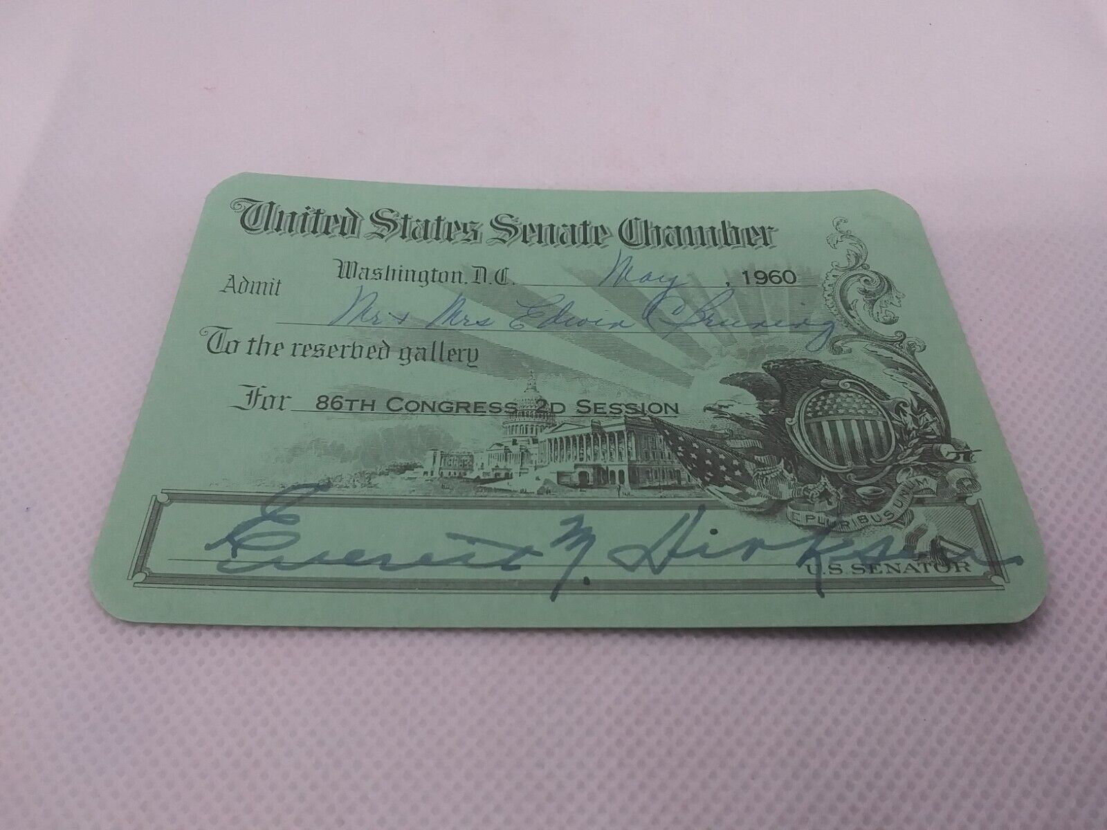 Vintage 1960 United States Senate Chamber Pass Card 86th Congress 2D Session