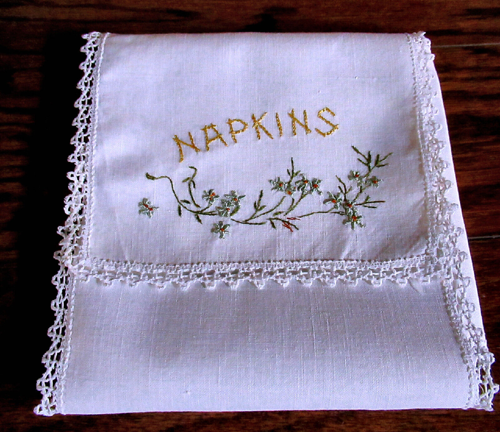 6 Handmade Madeira Whitework Napkins in Silk Embroidered Folder