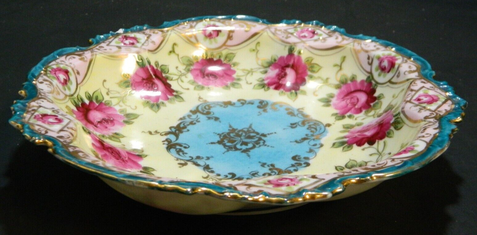 Antique Hand Painted Scalloped Turquoise & Pink Flower 9.13\