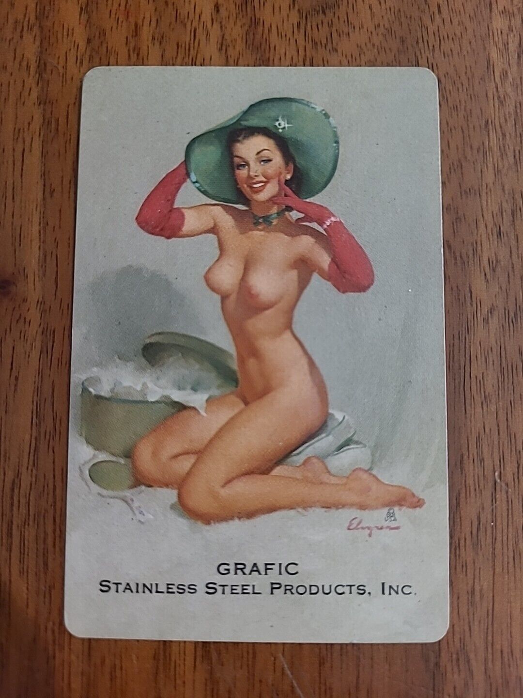 Vintage 1950s Gil Elvgren Pinup Girl Ad Trade Card Grafic Stainless Steel