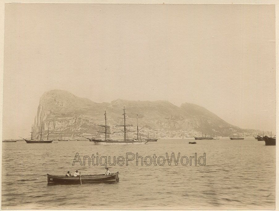 Gibraltar rock view ships boats antique albumen photo