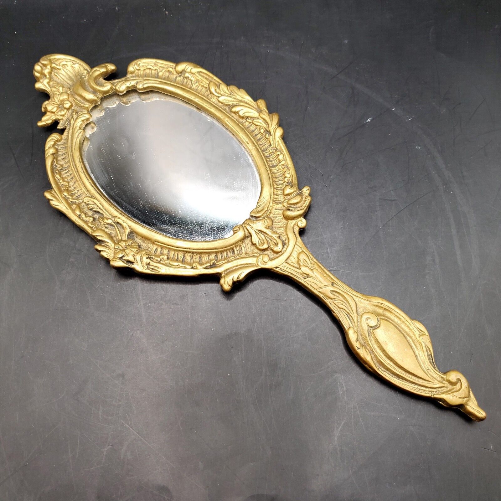 Antique French Bronze Hand Mirror Ornate Decorative