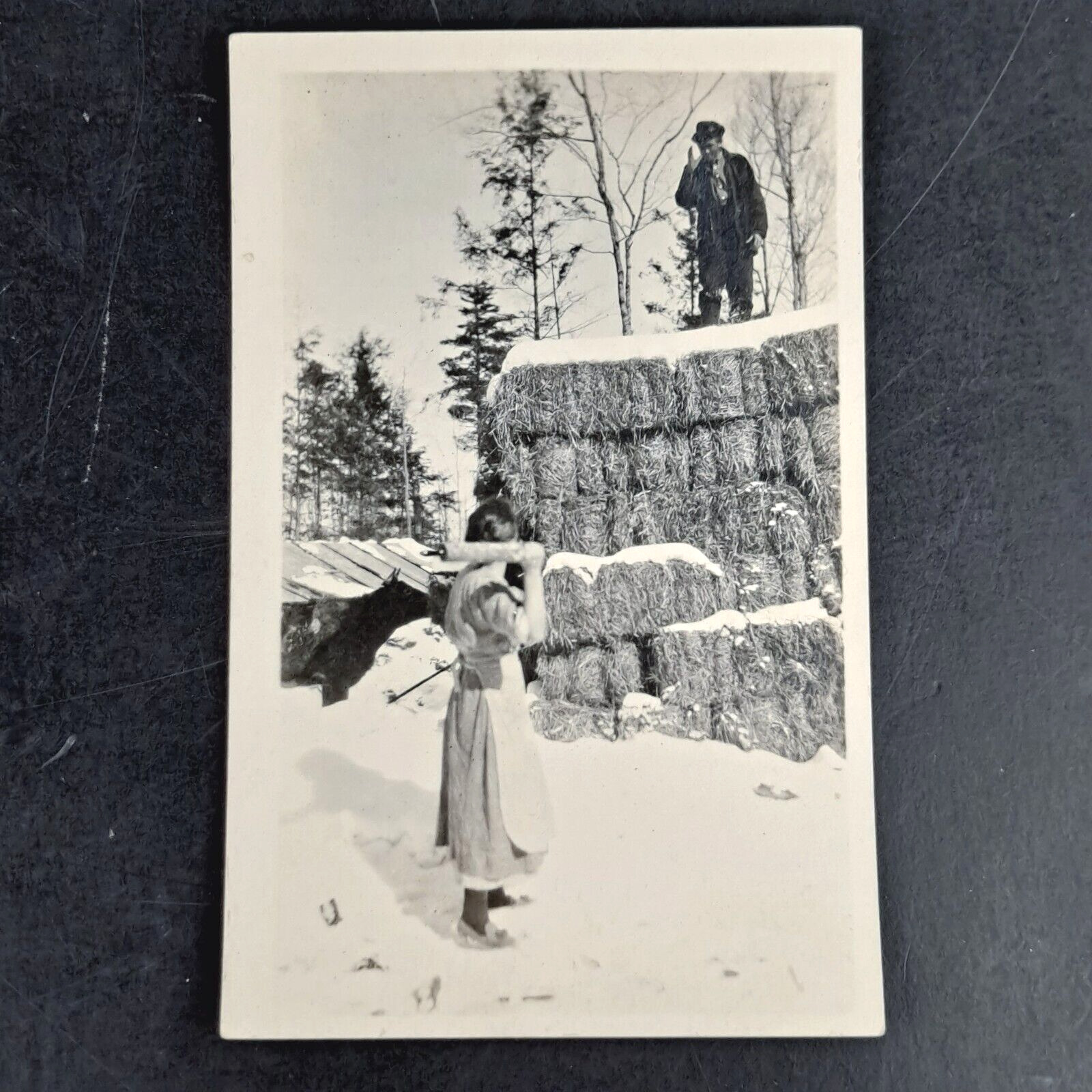 ANTIQUE WWI-ERA RPPC REAL PHOTO POST CARD WIFE WITH ROLLING PIN - HUSBAND ON HAY