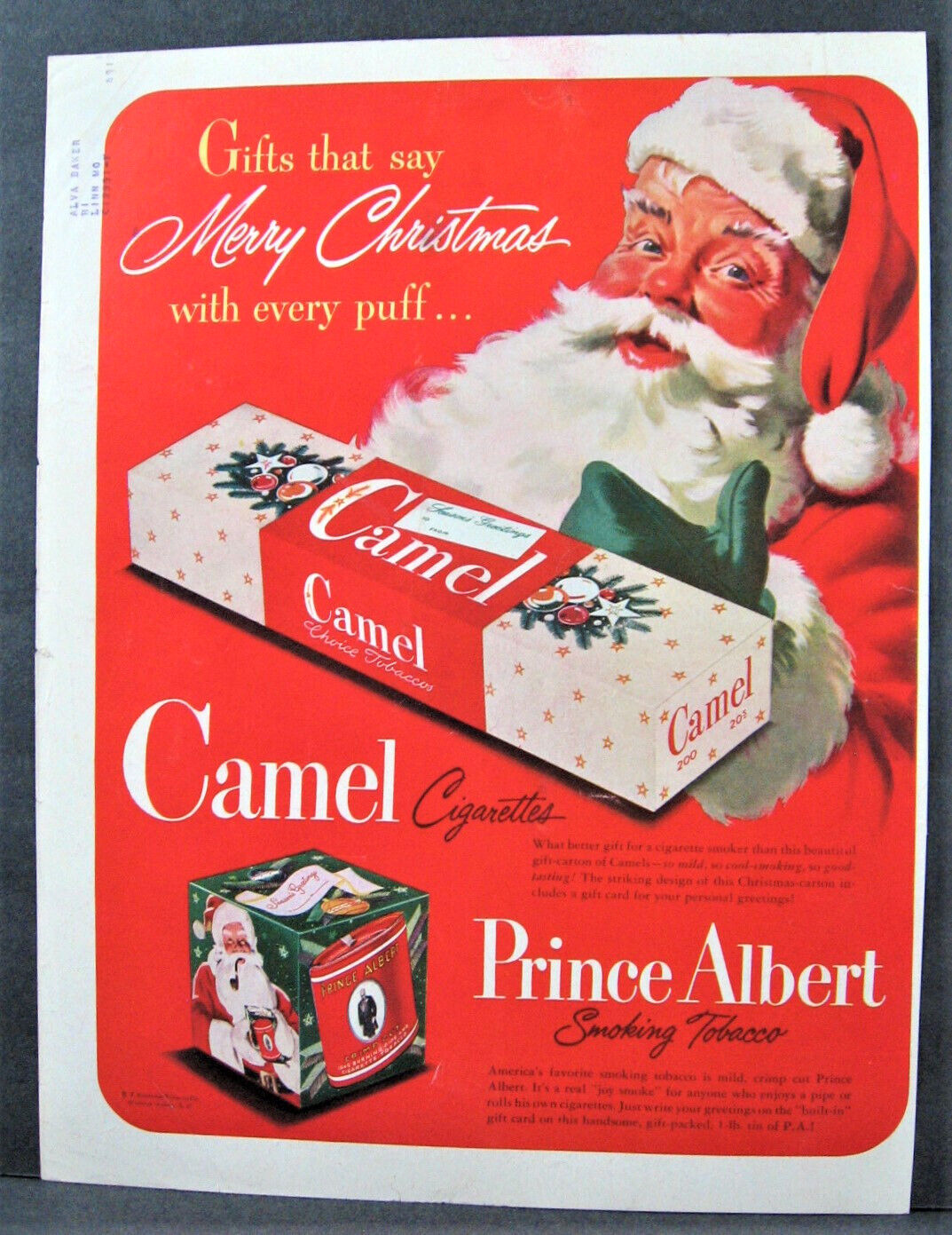 Vintage 1940\'s Camel Cigarettes & Prince Albert Magazine Full Pg Santa Xmas Pack