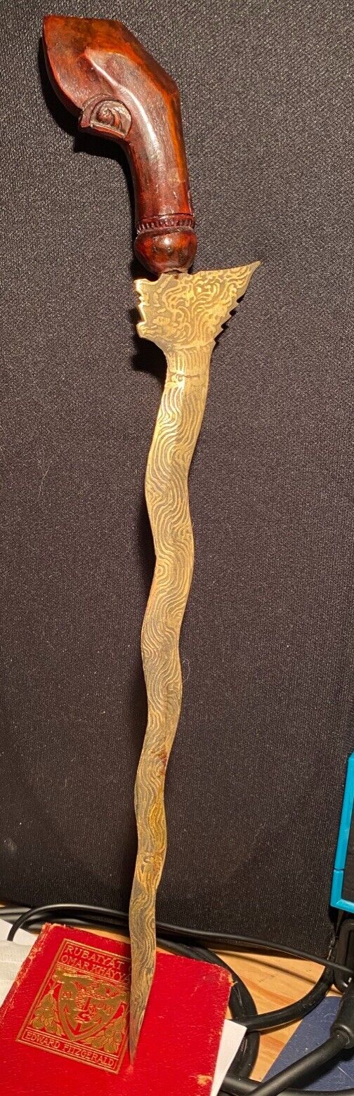 Rare Brass Javanese  Keris, Kris, Indonesian Dagger With carved wooden Scabbard