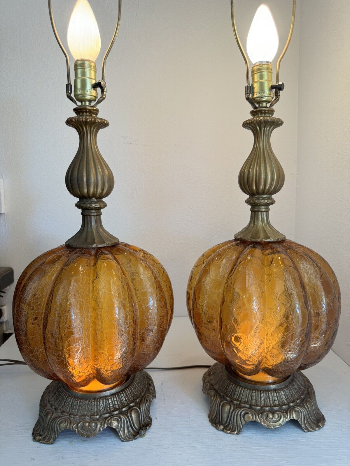 Pair Vintage Amber Crackle Glass Globe Brass Table Lamps Mid-Century Modern