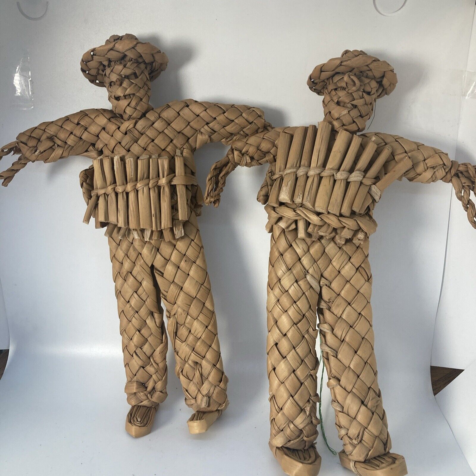 Vintage 2 Men Guatemalan Peruvian Folk Art Reed Dolls 12 inches.