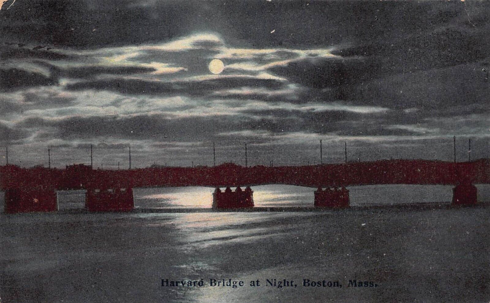 Boston MA Harvard Bridge Skyline Night Charles River Vtg Postcard D16