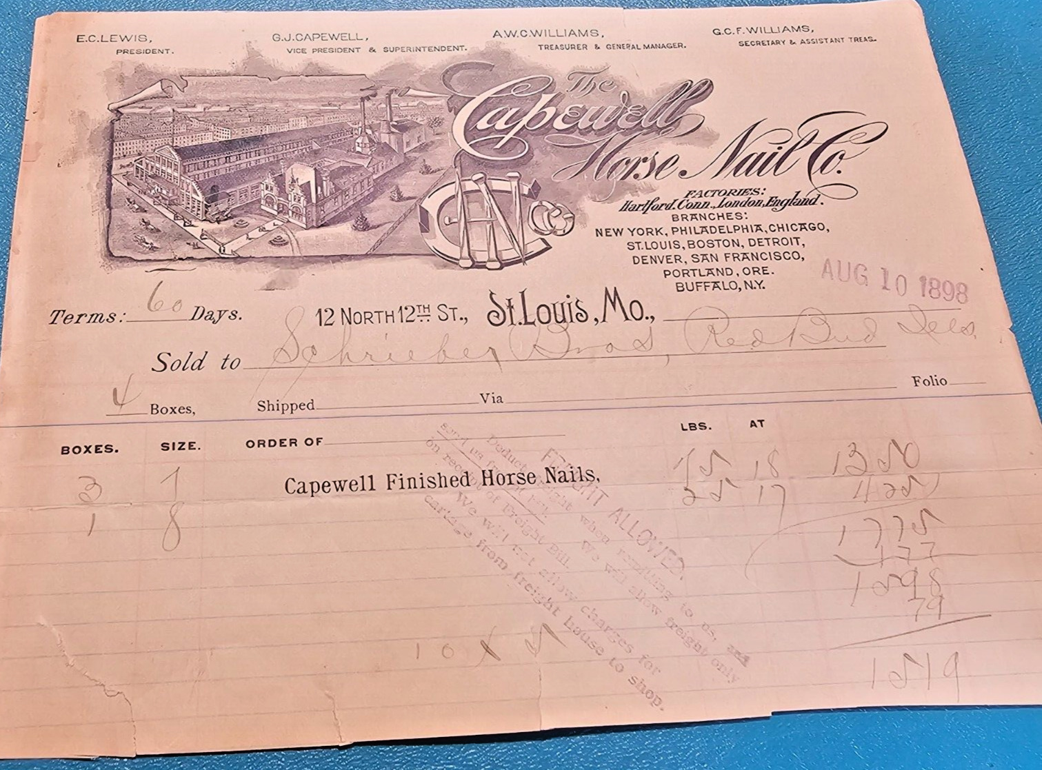 Vintage Illustrated Letterhead CAPEWELL HORSE NAIL CO Hartford CT AUG 10 1898