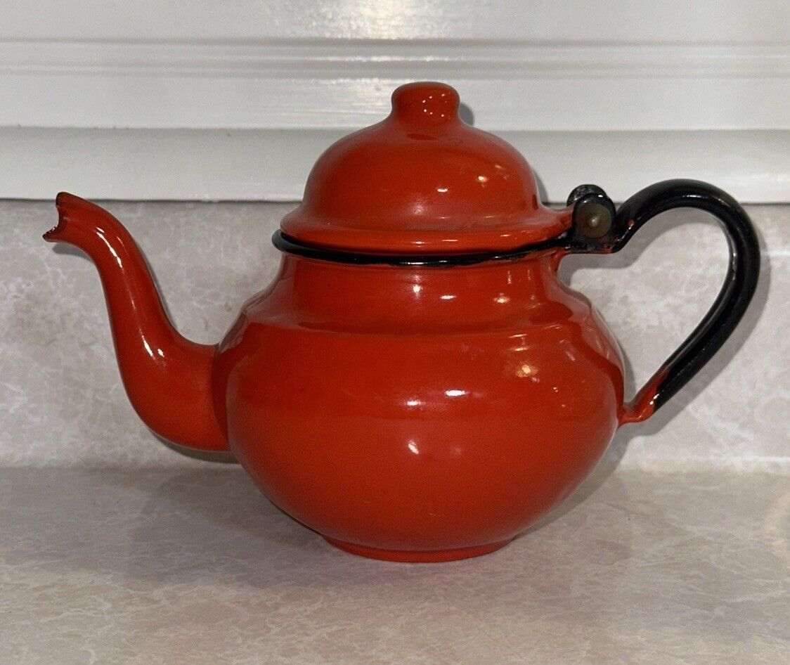 Vintage Red Enamelware Small Teapot, Huta Silesia,  Made In Poland