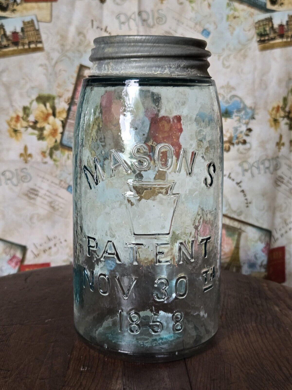 Antique Mason\'s Keystone Patent Nov 30TH 1858 Quart Jar Aqua