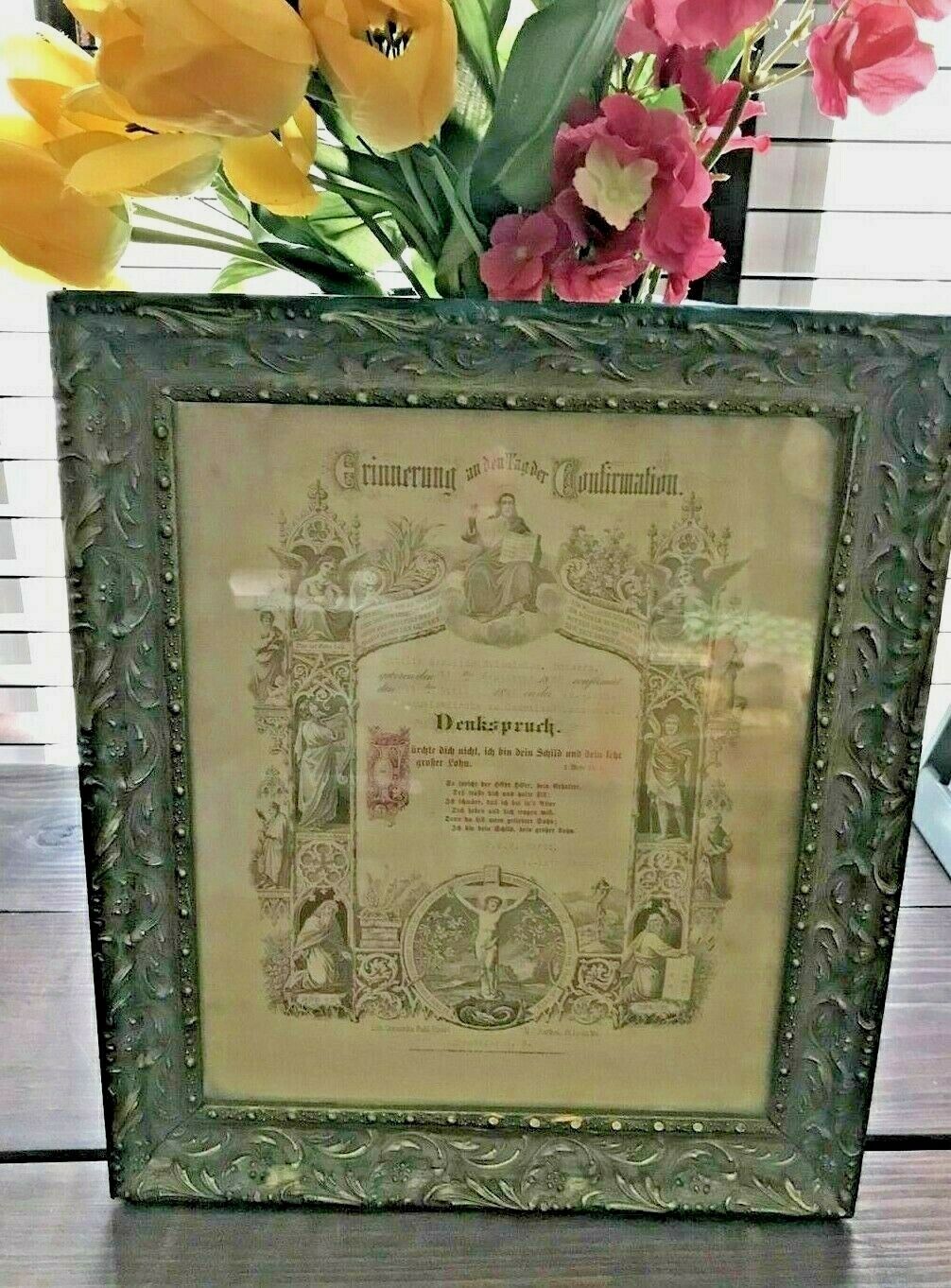 Vtg 1897 Confirmation Certificate German COURTLAND MINNESOTA Wood Gesso Frame