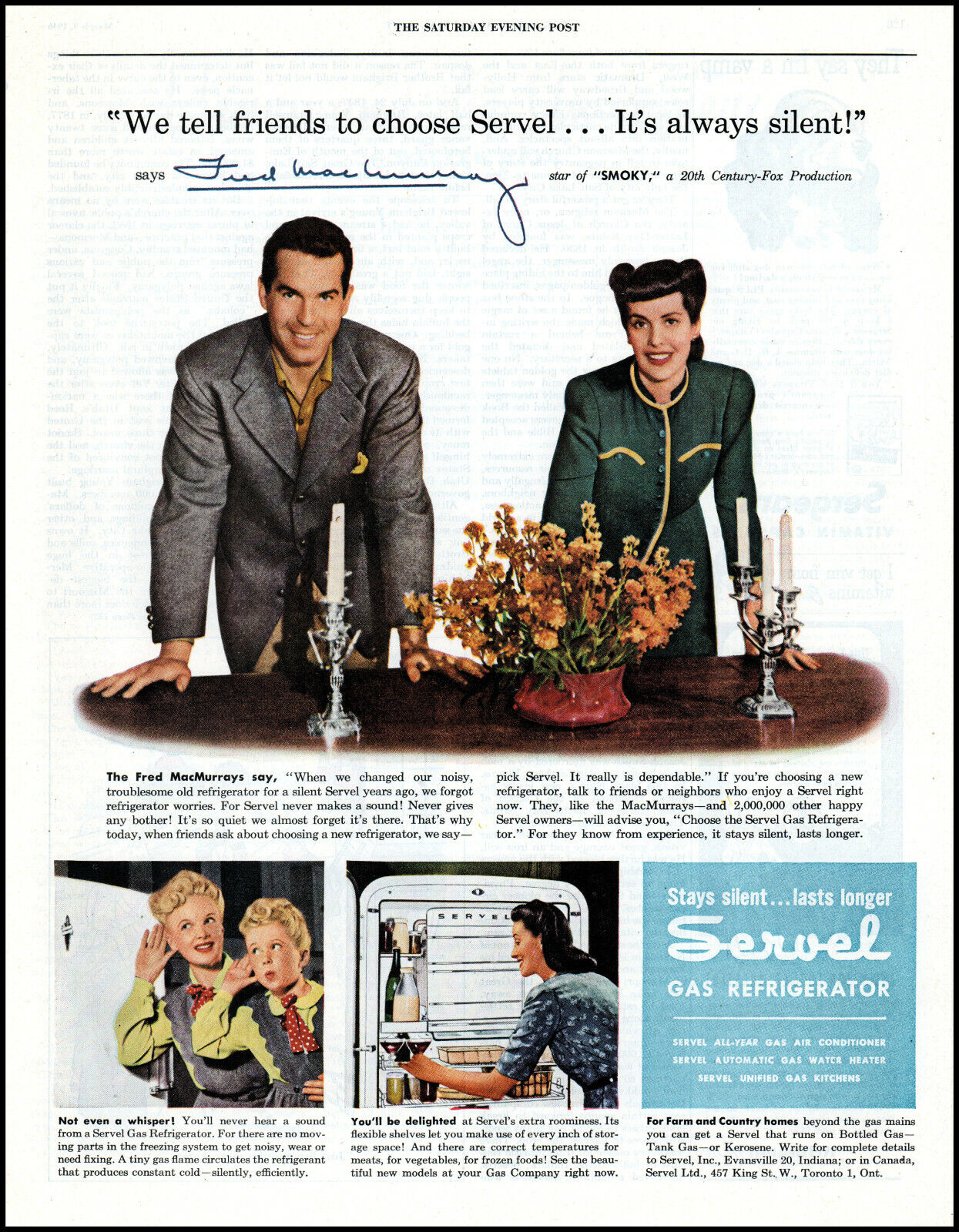 1946 Fred MacMurray Lillian Lamont Servel gas refrigerator photo print ad adL11