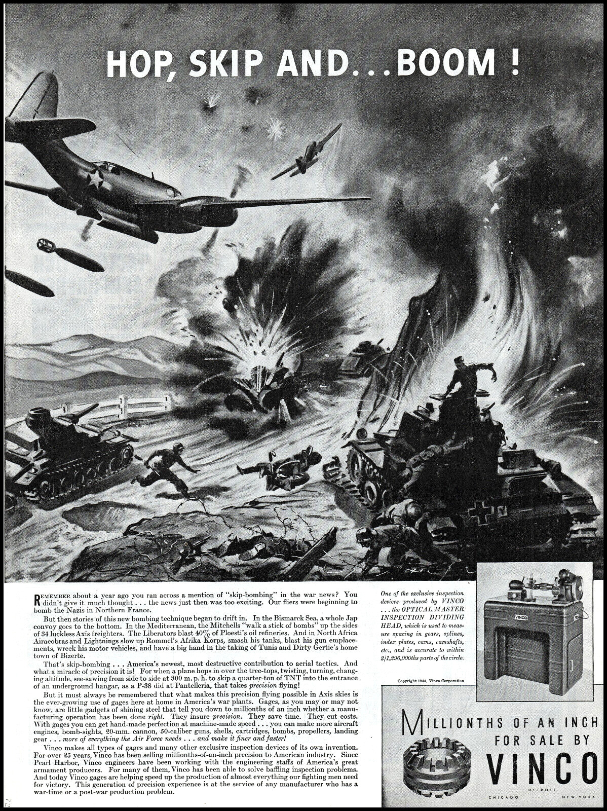 1944 WW2 U S Skip-Bombing in Northern France Vinco vintage art print ad L27
