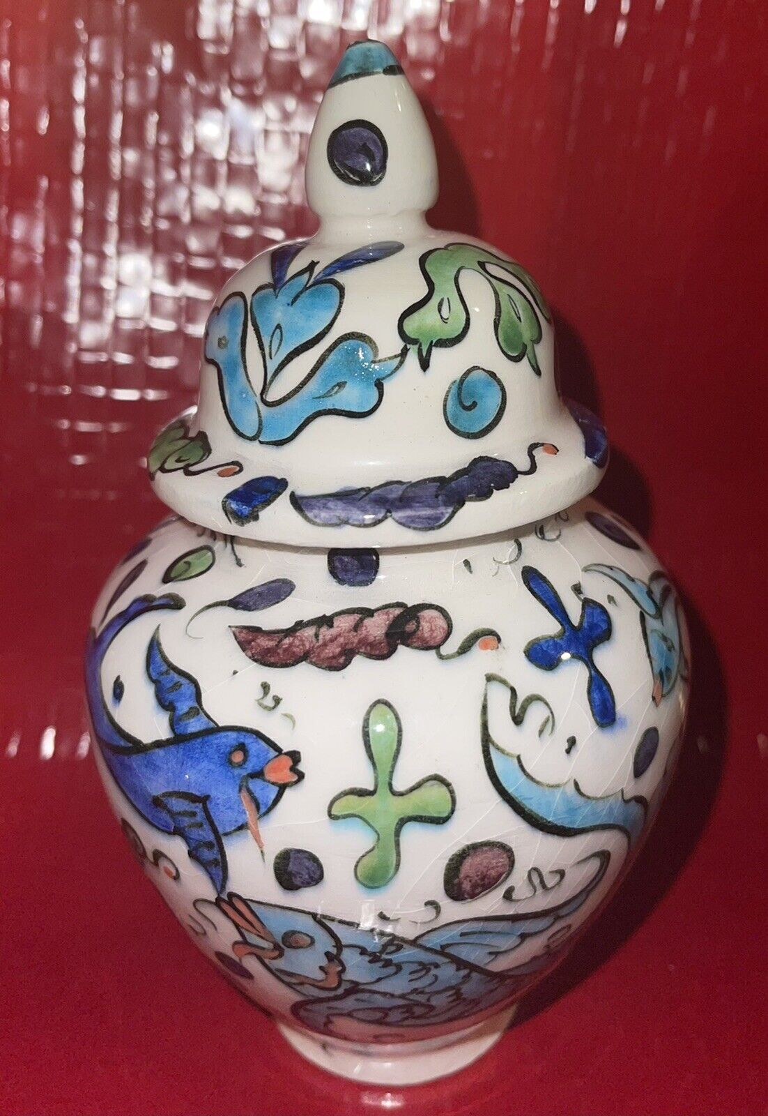 Vintage Lidded Ginger jar vase fish design signed By Artist Colorful Lovely