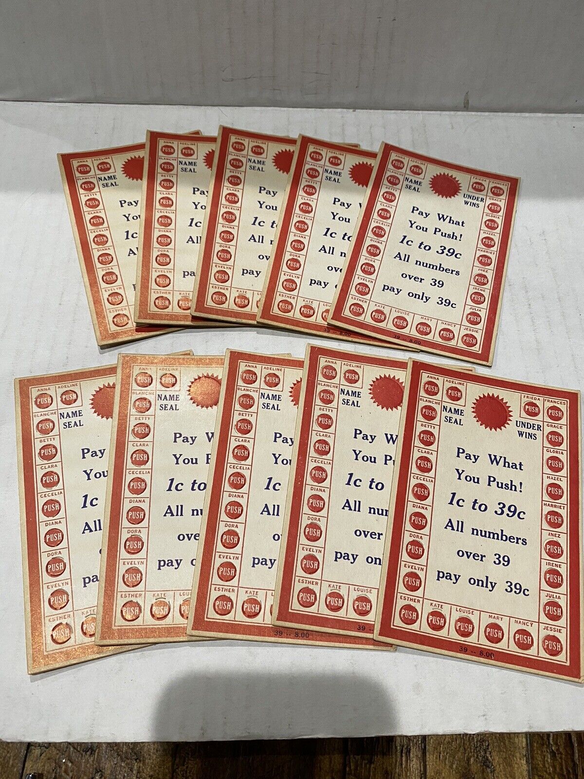 * (10) Vintage Pay What You Push 1 cent to 39 cent Cards