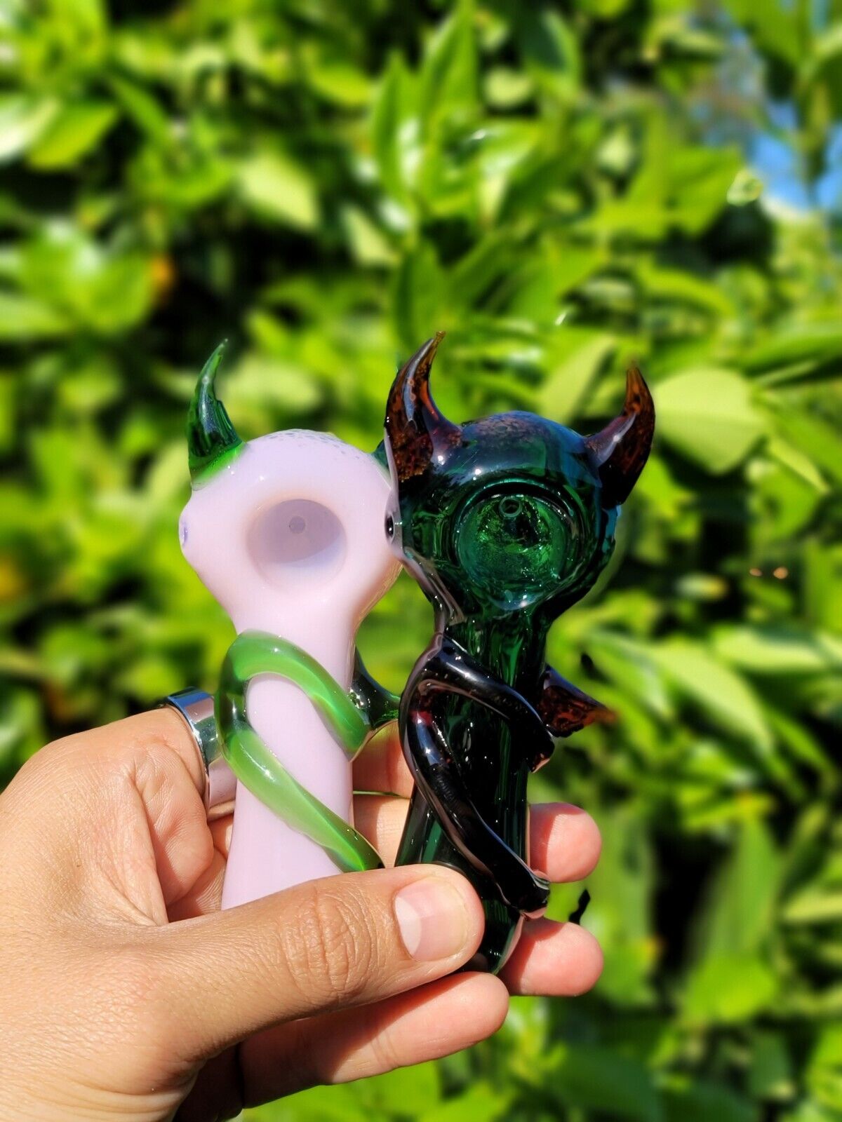 Pink Or Green Demon Devil Horns & Tail, Hand Glass Pipe Bowl Heady Glass, Piece