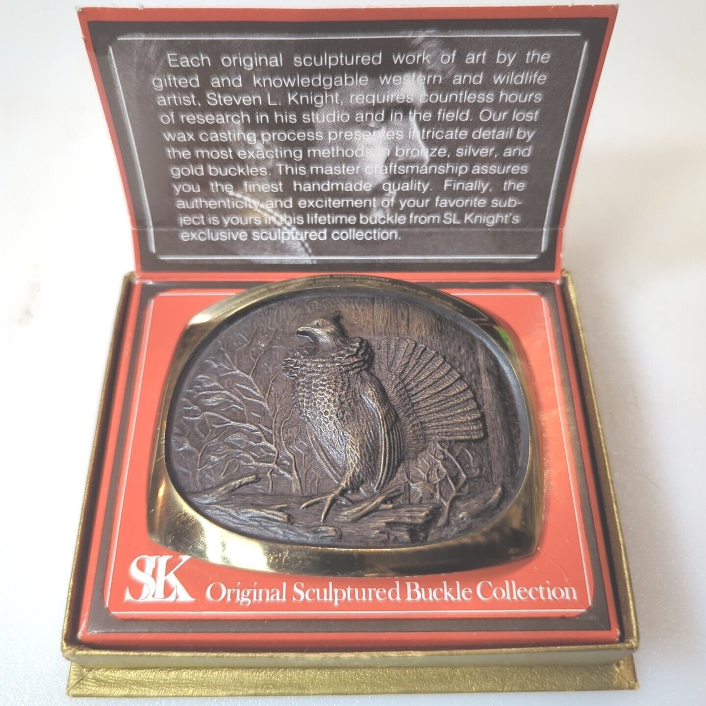 S.L. Knight Solid Bronze Ruffed Grouse Game Bird Hunter Vintage Belt Buckle