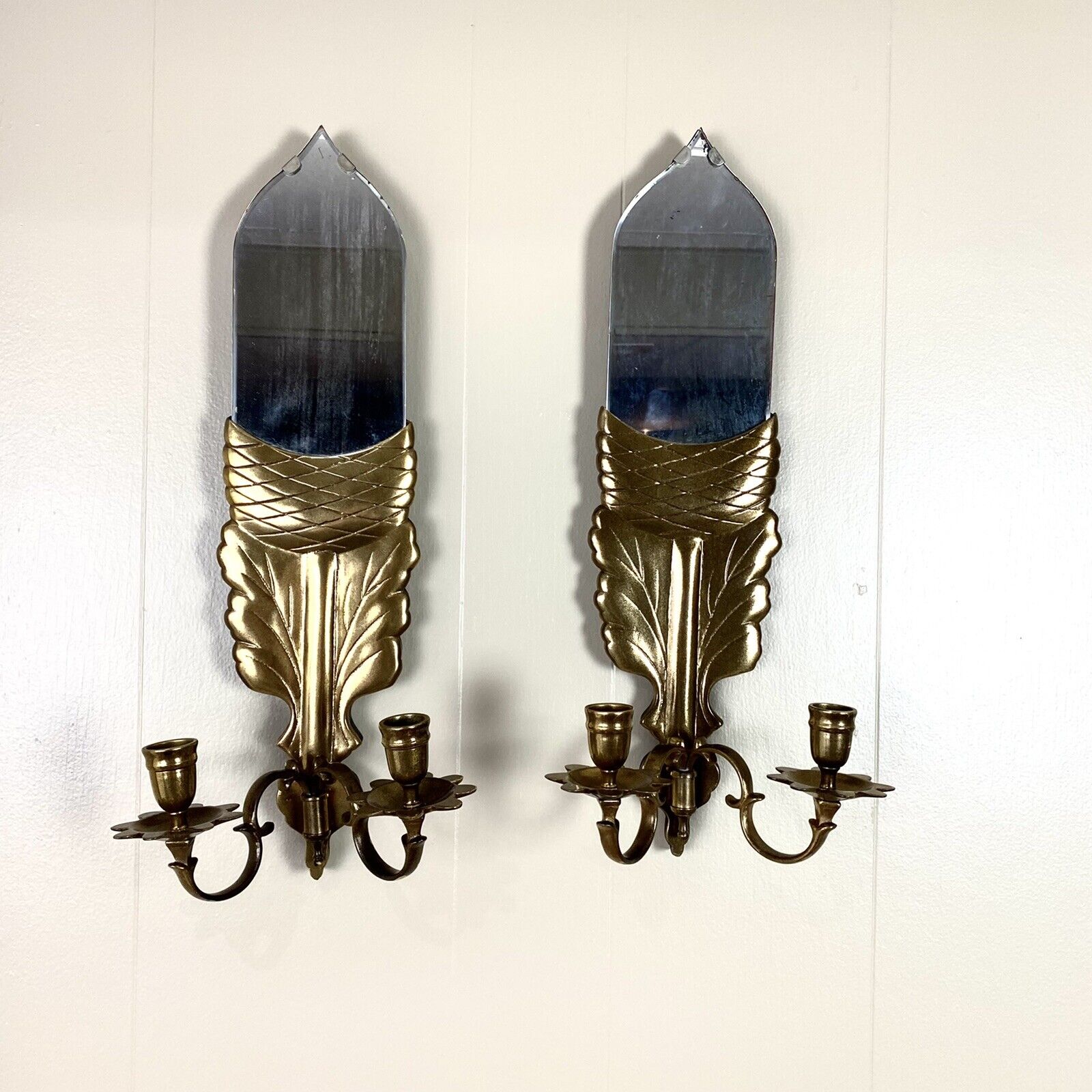 Vintage Set 2 Chapman 1972 Brass Wall Sconces Beveled Mirrors Art Deco Style