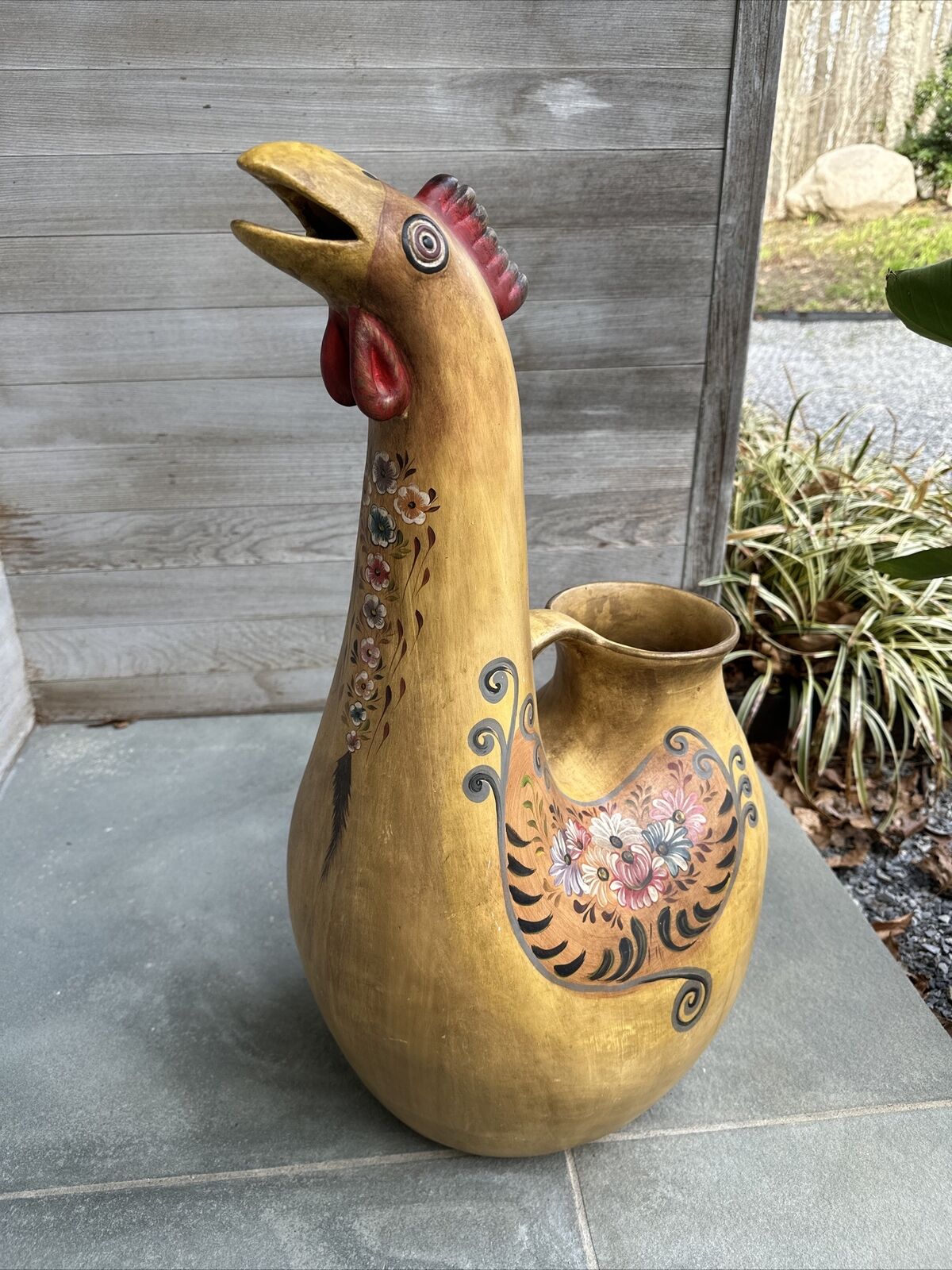 VINTAGE HAND PAINTED PERUVIAN LARGE TERRACOTTA CHICKEN POTTERY PITCHER 26h x 16w