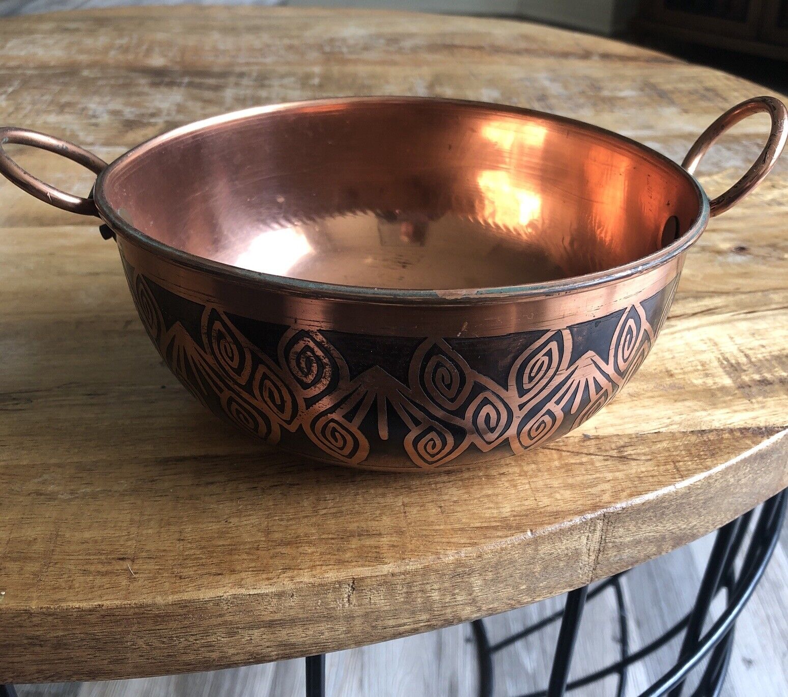 Etched Copper Bowl With Handles 6.75X3” Decorative Design Black&Copper Colombia