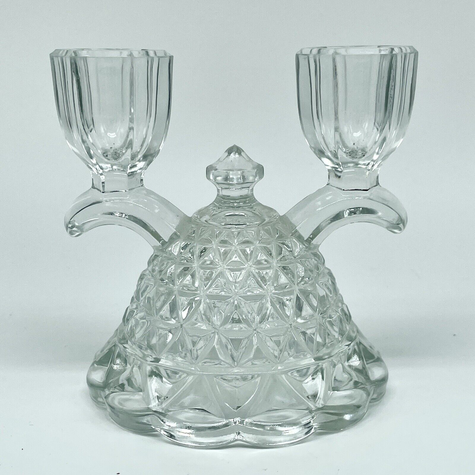Vtg IMPERIAL OHIO Glass KATY Lace Edge Clear Double Candle Stick Holder 4½\