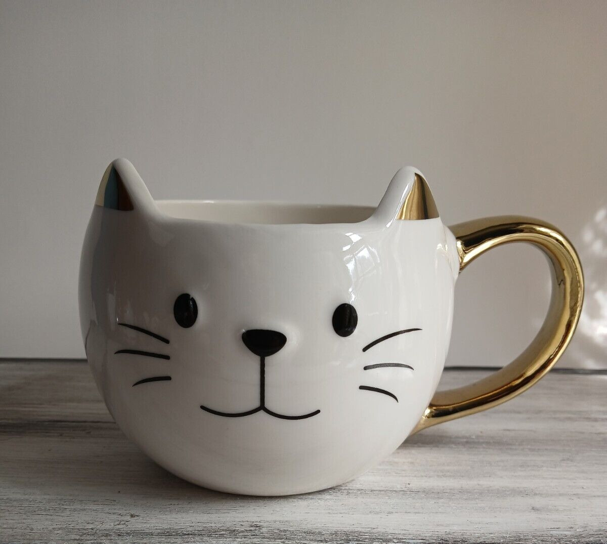 New Large Ceramic White Gold Kitty Cat Coffee Cup Mug Soup Cereal Bowl 17 fl oz
