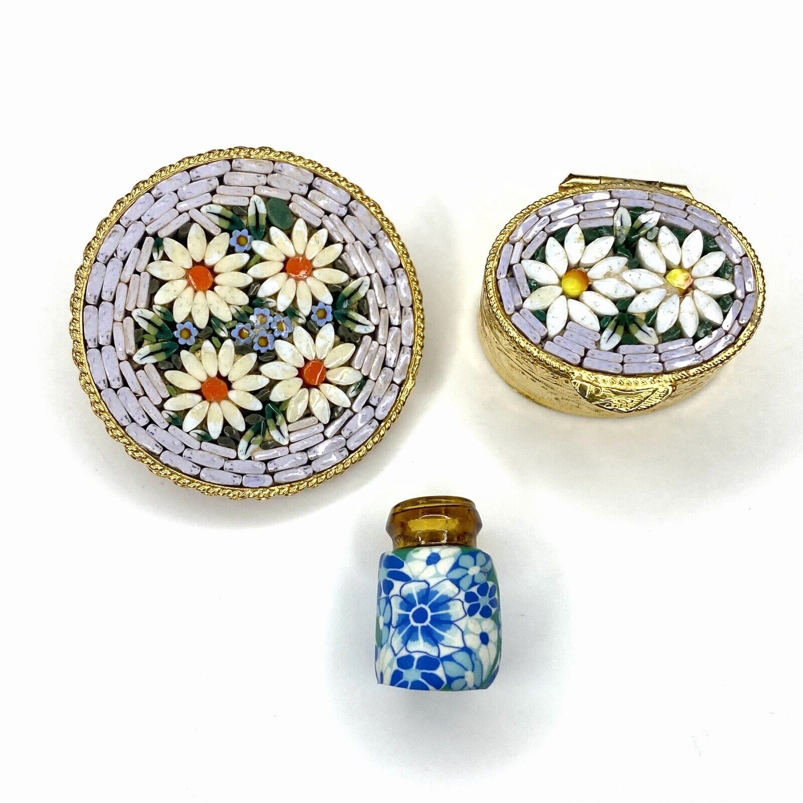 Antique Italian Micro Mosaic Trinket Pill Box Daisies Floral Brooch Bottle