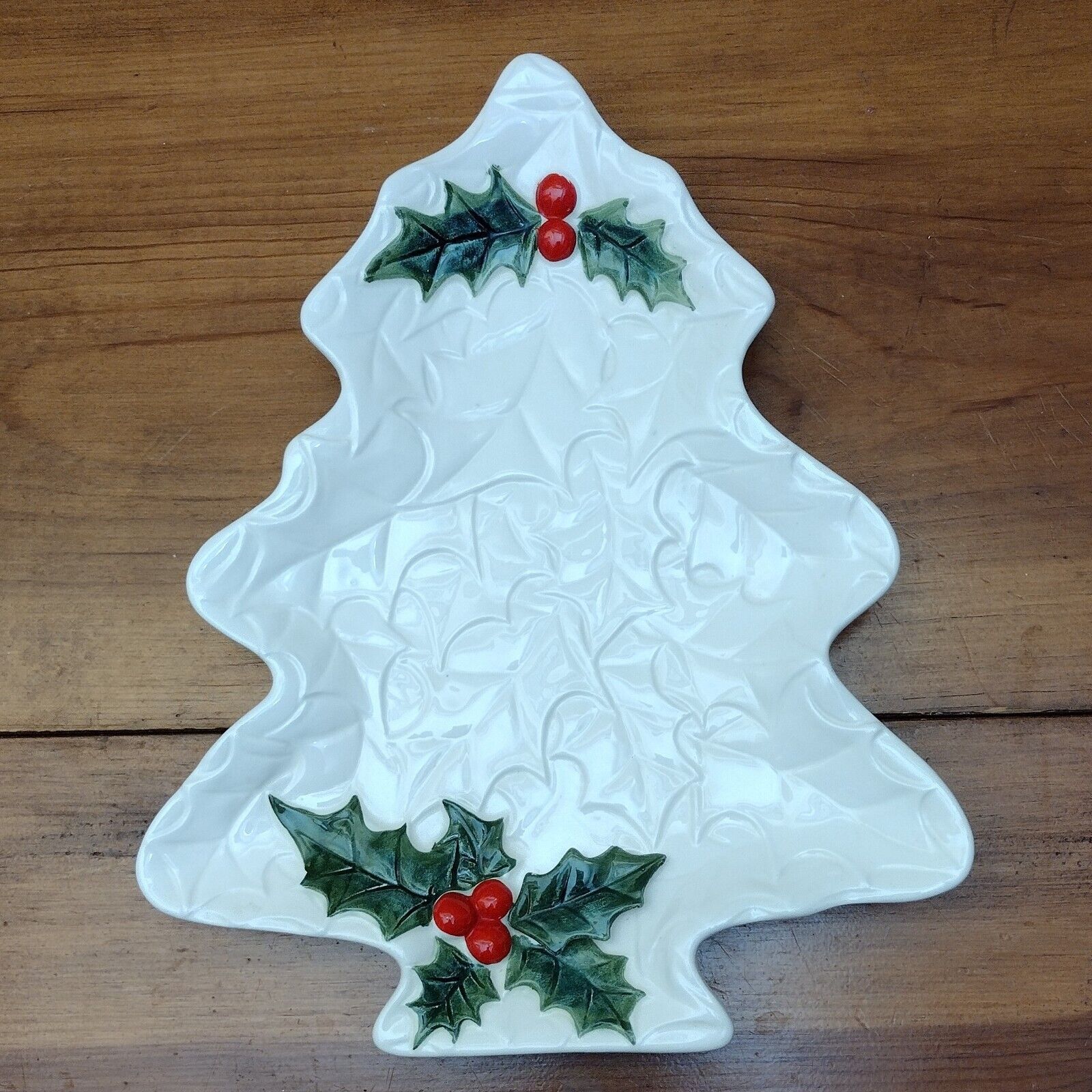 Vintage Lefton Ceramic Christmas Tree Dish Holly Berry White 1971-72 #6071 