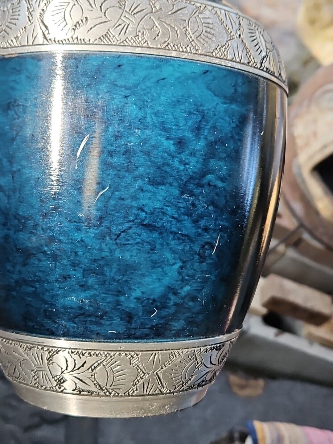 Metal Cremation Urn MARBLED DARK BLUE Ornate Etched Trim Adult Ashes Large