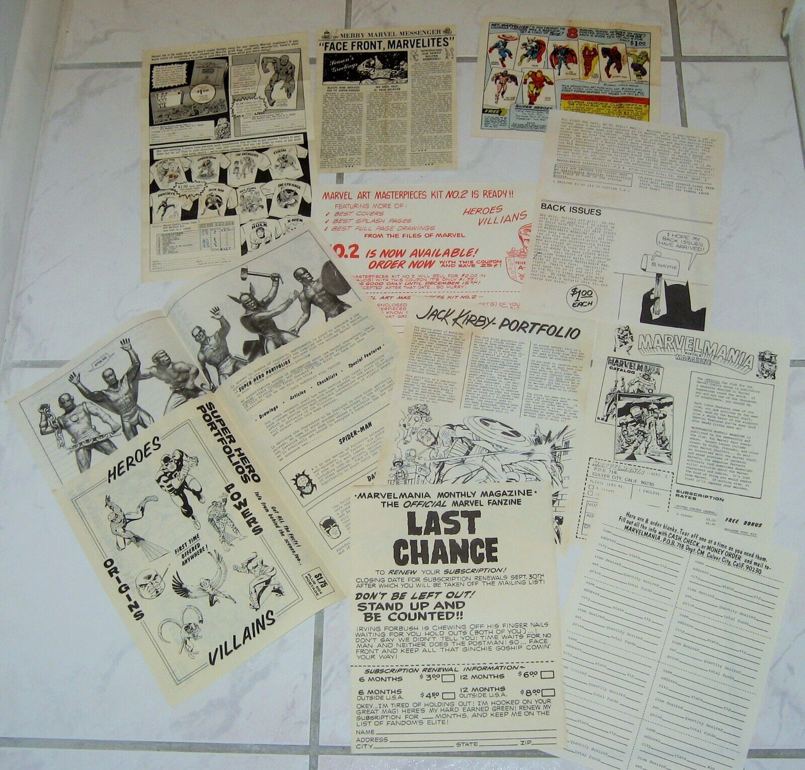 RARE 1960's Marvel Comics Marvelmania International M.M.M.S. Fan Club Flyers