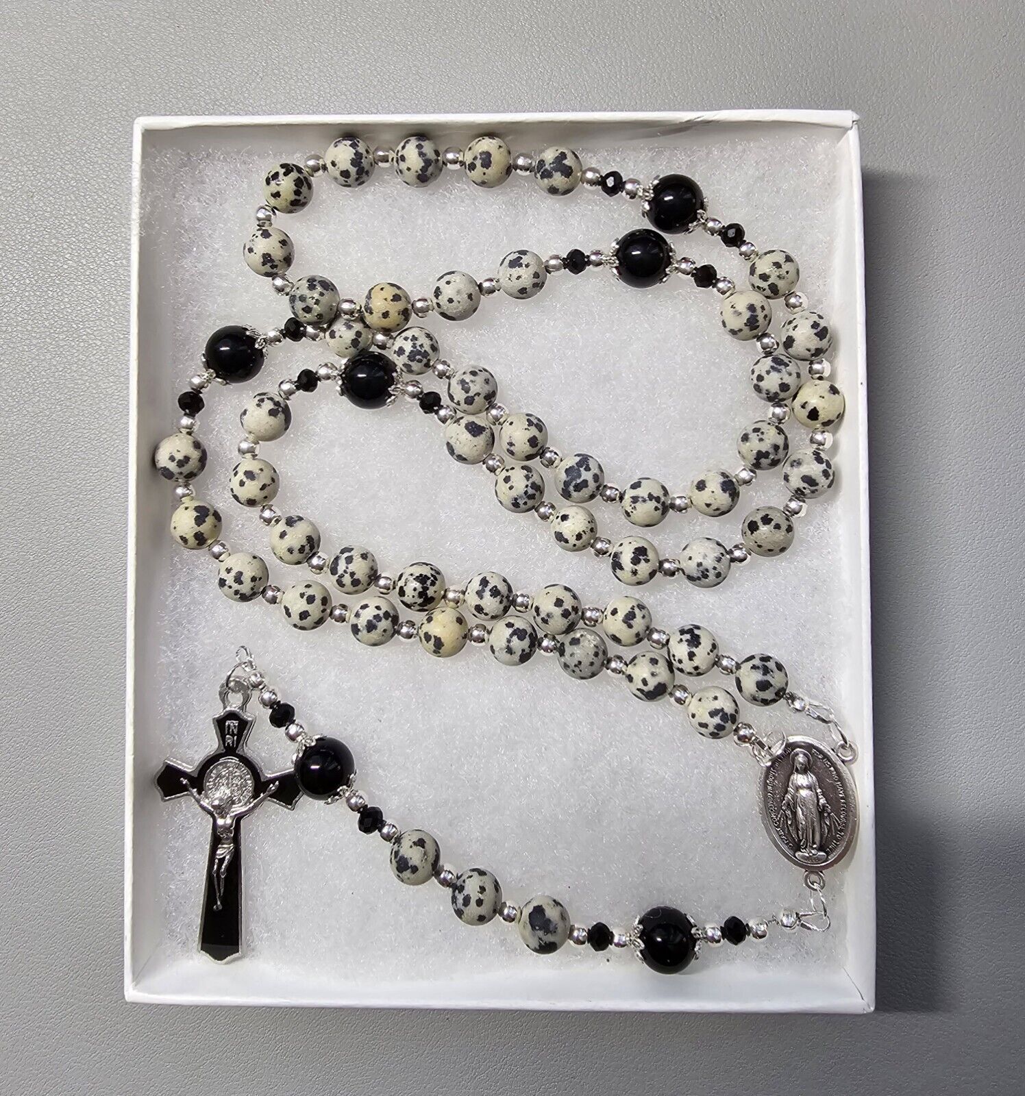 Large One Of A Kind Hand Crafted Rosary Made With Dalmatian Jasper And Onyx